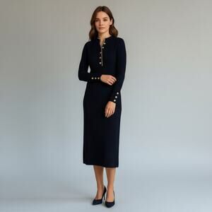 Ralph Lauren Navy Gold Button Midi Sweater Dress Small Elegant Chic Winter Knit